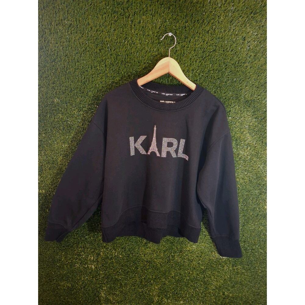 Karl Lagerfeld Paris Women's Black Sweatshirt Eiffel Tower Rhinestone Logo SZ S